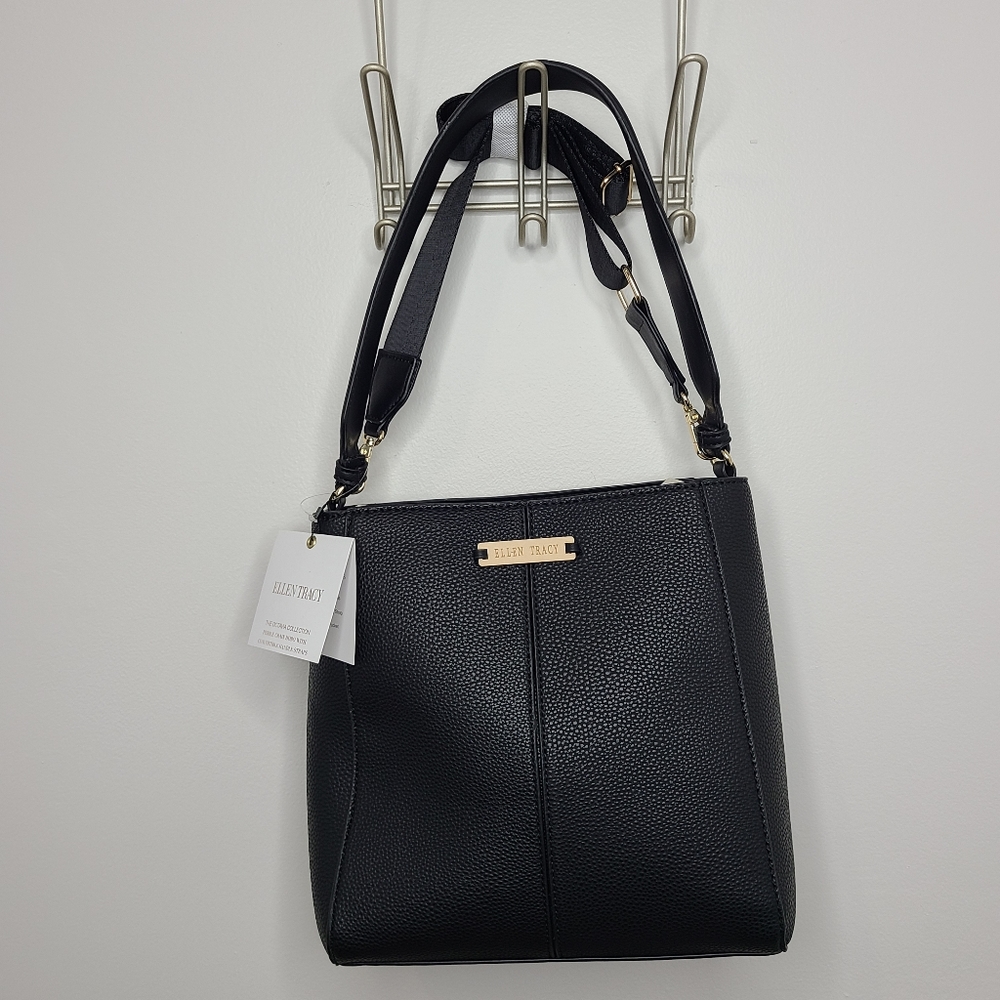 Ellen Tracy Handbag Pebble Grain Leather Hobo Convertible Handle Straps Black